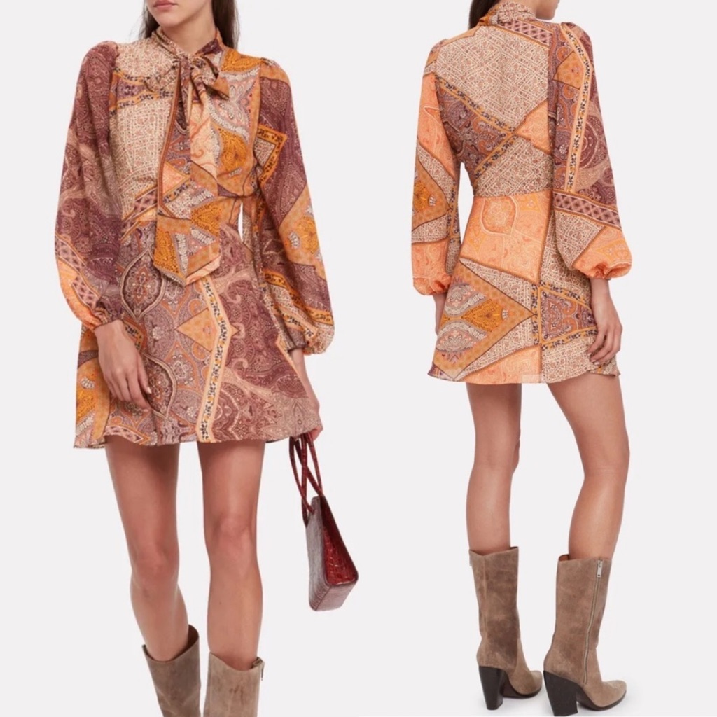 Divine Heritage Paisley Orchid Mini Dress Bow Tie Neck Retro
